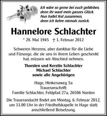 Traueranzeige von Hannelore Schlachter von Ostfriesischer Kurier