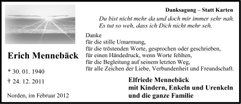 Traueranzeige von Erich MennebÃ¤ck von Ostfriesischer Kurier