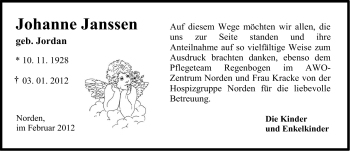 Traueranzeige von Johanne Janssen von Ostfriesischer Kurier