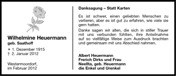 Traueranzeige von Wilhelmine Heuermann von Ostfriesischer Kurier