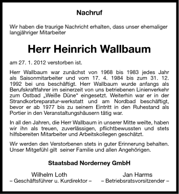 Traueranzeige von Heinrich Wallbaum von Ostfriesischer Kurier