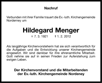 Traueranzeige von Hildegard Menger von Ostfriesischer Kurier