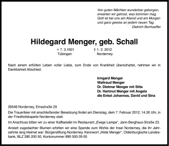 Traueranzeige von Hildegard Menger von Ostfriesischer Kurier