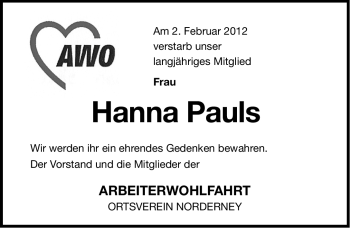 Traueranzeige von Hanna Pauls von Ostfriesischer Kurier
