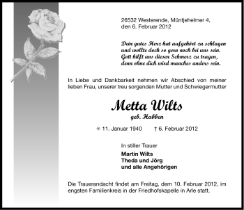 Traueranzeige von Metta Wilts von Ostfriesischer Kurier