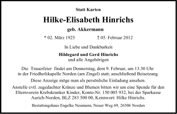 Traueranzeige von Hilke-Elisabeth Hinrichs von Ostfriesischer Kurier