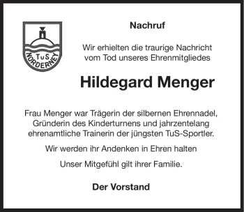 Traueranzeige von Hildegard Menger von Ostfriesischer Kurier