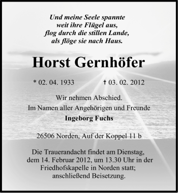 Traueranzeige von Horst Gernhöfer von Ostfriesischer Kurier