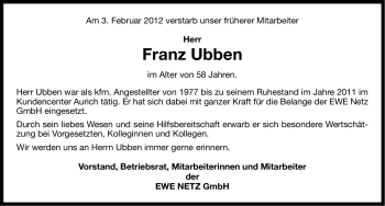 Traueranzeige von Franz Ubben von Ostfriesischer Kurier