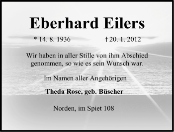 Traueranzeige von Eberhard Eilers von Ostfriesischer Kurier