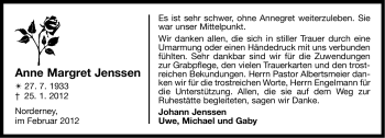 Traueranzeige von Anne Margret Jenssen von Ostfriesischer Kurier