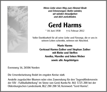 Traueranzeige von Gerd Harms von Ostfriesischer Kurier