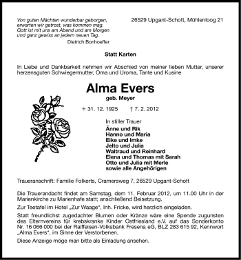 Traueranzeige von Alma Evers von Ostfriesischer Kurier
