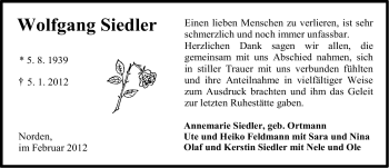 Traueranzeige von Wolfgang Siedler von Ostfriesischer Kurier