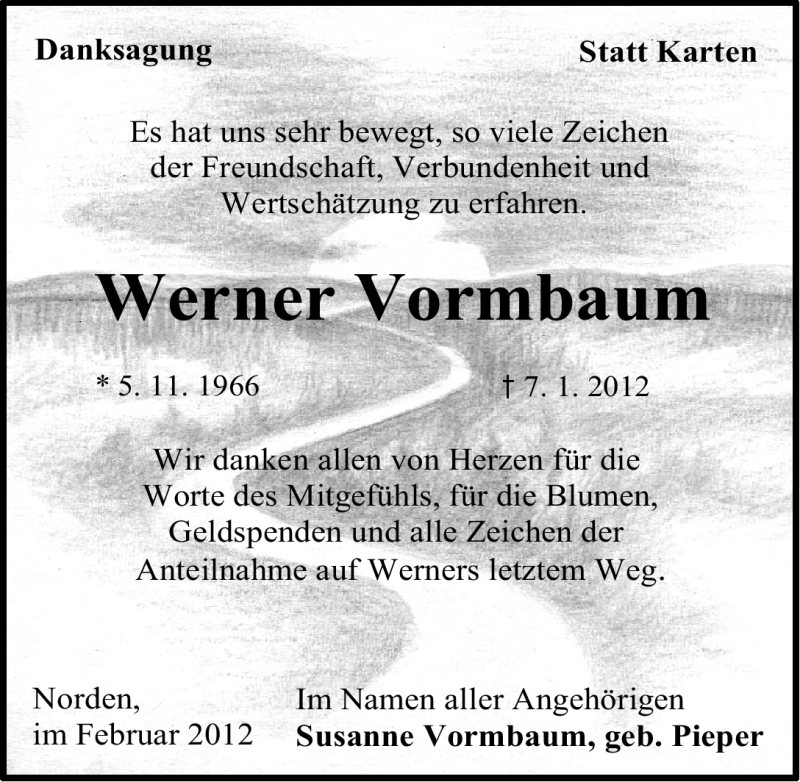  Traueranzeige für Werner Vormbaum vom 11.02.2012 aus Ostfriesischer Kurier