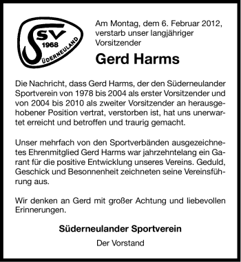 Traueranzeige von Gerd Harms von Ostfriesischer Kurier