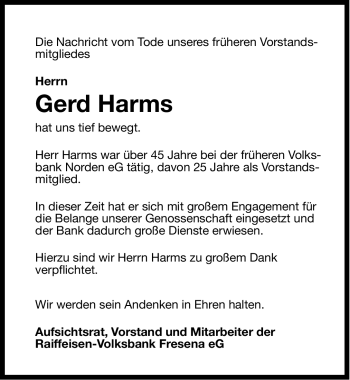 Traueranzeige von Gerd Harms von Ostfriesischer Kurier