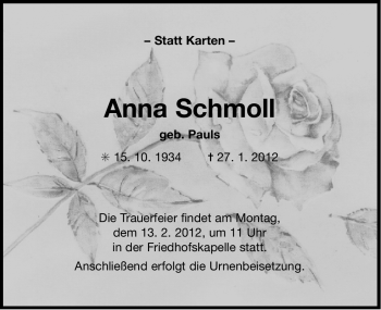 Traueranzeige von Anna Schmoll von Ostfriesischer Kurier