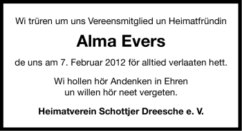 Traueranzeige von Alma Evers von Ostfriesischer Kurier