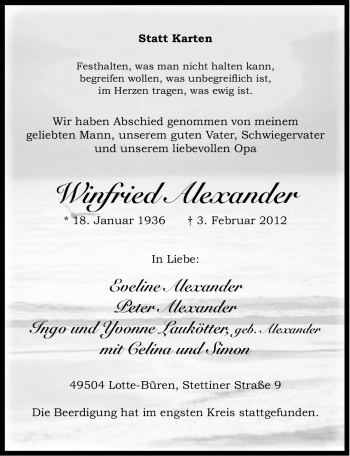 Traueranzeige von Winfried Alexander von Ostfriesischer Kurier