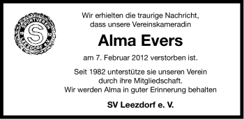 Traueranzeige von Alma Evers von Ostfriesischer Kurier