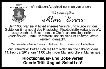 Traueranzeige von Alma Evers von Ostfriesischer Kurier