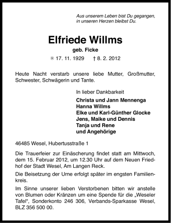 Traueranzeige von Elfriede Willms von Ostfriesischer Kurier