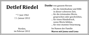 Traueranzeige von Detlef Riedel von Ostfriesischer Kurier