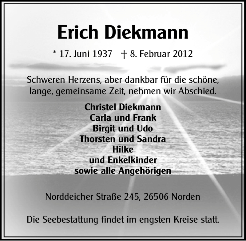  Traueranzeige für Erich Diekmann vom 11.02.2012 aus Ostfriesischer Kurier