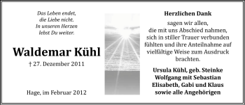 Traueranzeige von Waldemar Kühl von Ostfriesischer Kurier