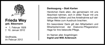 Traueranzeige von Frieda Wey von Ostfriesischer Kurier