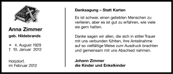 Traueranzeige von Anna Zimmer von Ostfriesischer Kurier