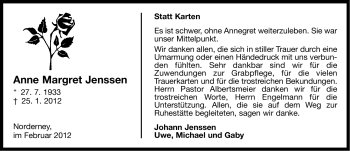 Traueranzeige von Anne Margret Jenssen von Ostfriesischer Kurier