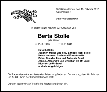 Traueranzeige von Berta Stolle von Ostfriesischer Kurier