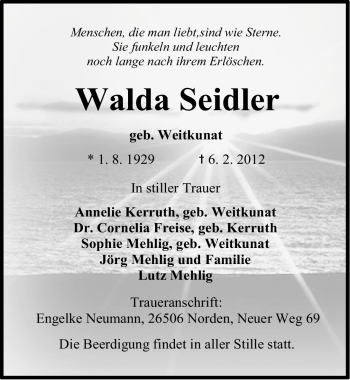Traueranzeige von Walda Seidler von Ostfriesischer Kurier