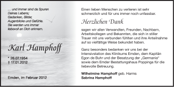 Traueranzeige von Karl Hamphoff von Ostfriesischer Kurier
