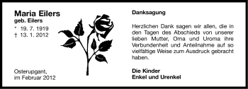 Traueranzeige von Maria Eilers von Ostfriesischer Kurier