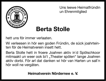 Traueranzeige von Berta Stolle von Ostfriesischer Kurier