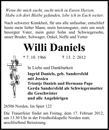 Traueranzeige von Willi Daniels von Ostfriesischer Kurier