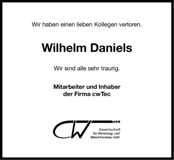 Traueranzeige von Wilhelm Daniels von Ostfriesischer Kurier