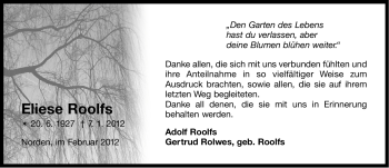 Traueranzeige von Eliese Roolfs von Ostfriesischer Kurier