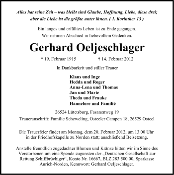 Traueranzeige von Gerhard Oeljeschlager von Ostfriesischer Kurier