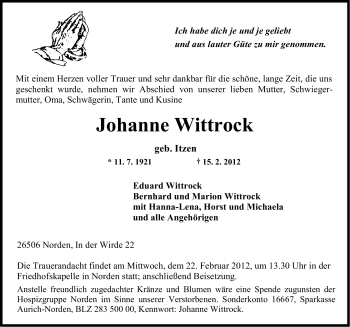 Traueranzeige von Johanne Wittrock von Ostfriesischer Kurier