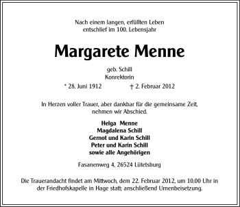 Traueranzeige von Margarete Menne von Ostfriesischer Kurier