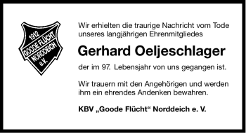 Traueranzeige von Gerhard Oeljeschlager von Ostfriesischer Kurier