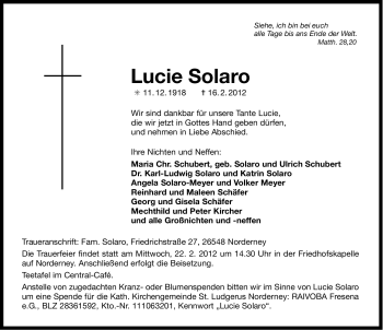 Traueranzeige von Lucie Solaro von Ostfriesischer Kurier