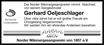 Traueranzeige von Gerhard Oeljeschlager von Ostfriesischer Kurier