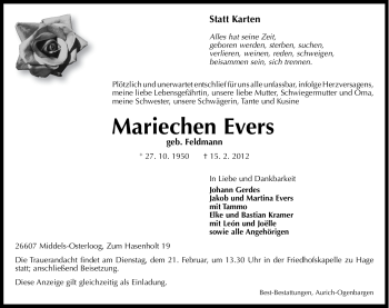 Traueranzeige von Mariechen Evers von Ostfriesischer Kurier