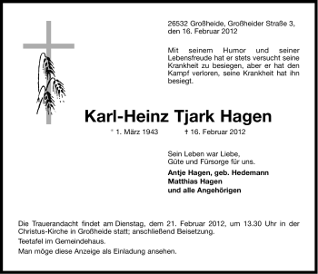 Traueranzeige von Karl-Heinz Tjark Hagen von Ostfriesischer Kurier