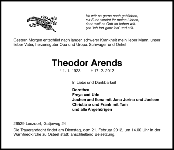Traueranzeige von Theodor Arends von Ostfriesischer Kurier